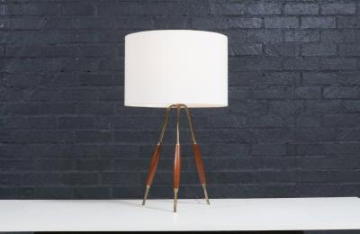 Mid Century Modern Tripod Brass Walnut Table Lamp