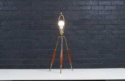Mid Century Modern Tripod Brass Walnut Table Lamp