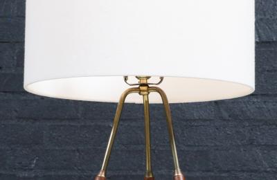 Mid Century Modern Tripod Brass Walnut Table Lamp