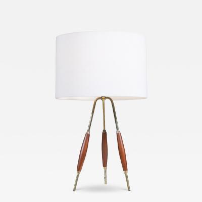 Mid Century Modern Tripod Brass Walnut Table Lamp