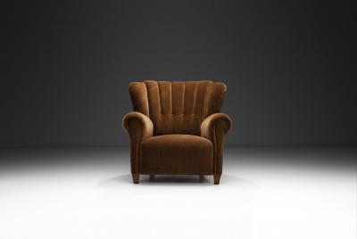Mid Century Modern Upholstered Lounge Chair with Rolled Arms Denmark 1940s