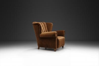 Mid Century Modern Upholstered Lounge Chair with Rolled Arms Denmark 1940s