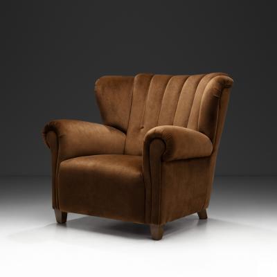 Mid Century Modern Upholstered Lounge Chair with Rolled Arms Denmark 1940s