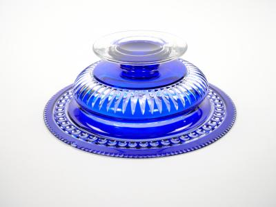 Mid Century Modern Val Saint Lambert Cobalt Blue Diamond Cut Crystal Centerpiece