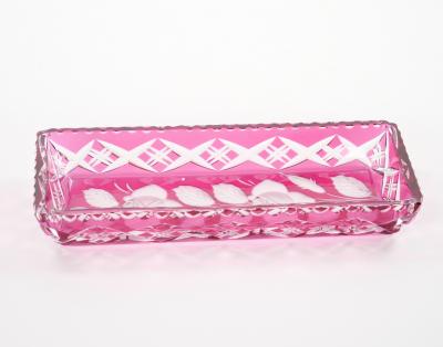 Mid Century Modern Val Saint Lambert Pink Crystal Cut and Etched Vanity Tray