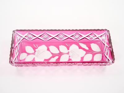 Mid Century Modern Val Saint Lambert Pink Crystal Cut and Etched Vanity Tray