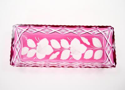 Mid Century Modern Val Saint Lambert Pink Crystal Cut and Etched Vanity Tray