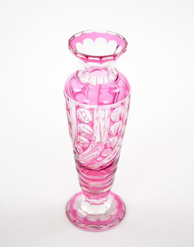 Mid Century Modern Val Saint Lambert Pink Glass Vases Cut Etched Decorated