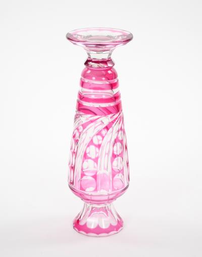 Mid Century Modern Val Saint Lambert Pink Glass Vases Cut Etched Decorated