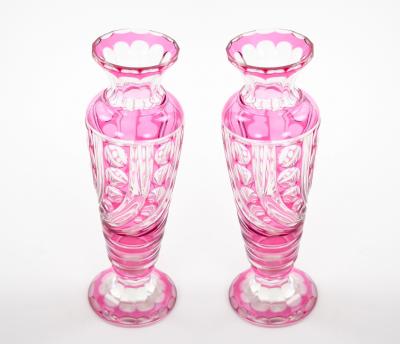 Mid Century Modern Val Saint Lambert Pink Glass Vases Cut Etched Decorated