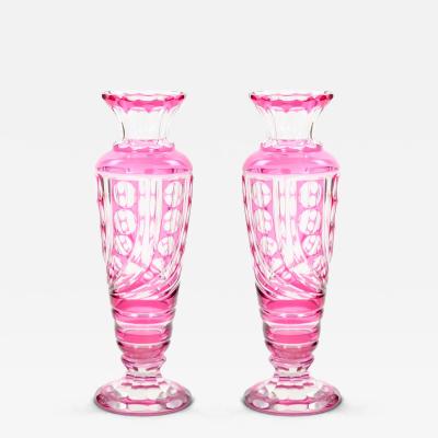 Mid Century Modern Val Saint Lambert Pink Glass Vases Cut Etched Decorated
