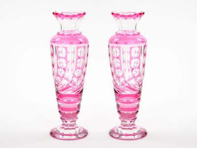 Mid Century Modern Val Saint Lambert Pink Glass Vases Cut Etched Decorated