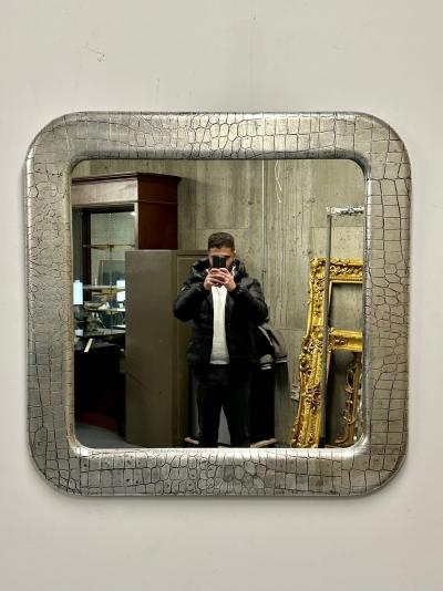 Mid Century Modern Wall Mirror Embossed Crocodile Leather Baughman for Coggin