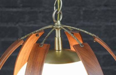 Mid Century Modern Walnut Brass Orb Pendant Chandelier