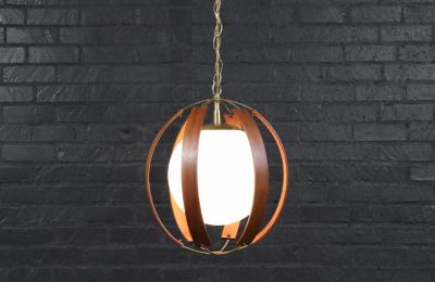 Mid Century Modern Walnut Brass Orb Pendant Chandelier
