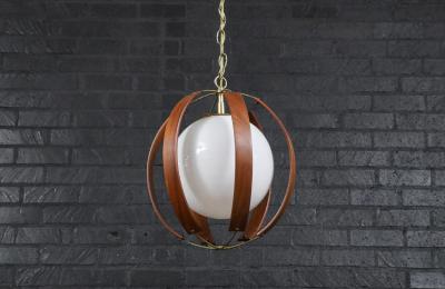 Mid Century Modern Walnut Brass Orb Pendant Chandelier