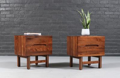 Mid Century Modern Walnut Night Stands w Metal Accents