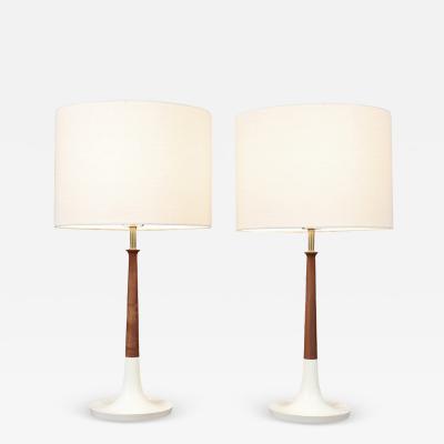 Mid Century Modern Walnut Table Lamps w Sculptural Metal Bases