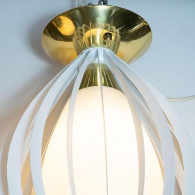Mid Century Modern White Enamel Brass and Frosted Glass Lantern Chandelier