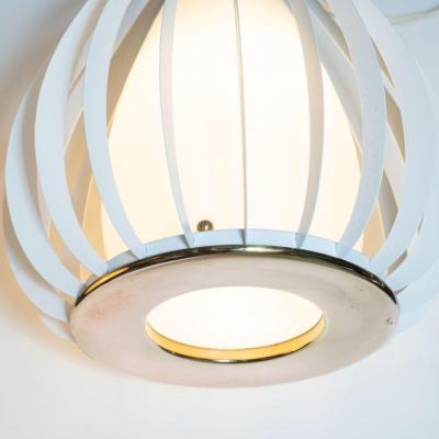 Mid Century Modern White Enamel Brass and Frosted Glass Lantern Chandelier