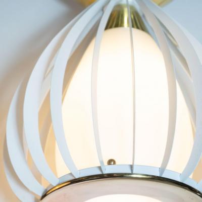 Mid Century Modern White Enamel Brass and Frosted Glass Lantern Chandelier