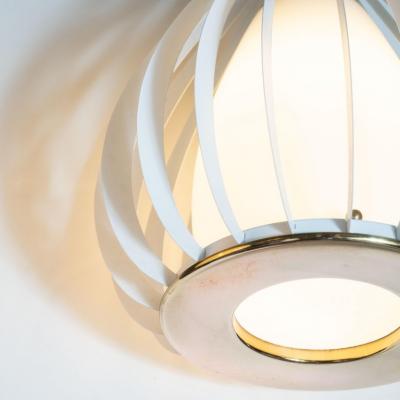 Mid Century Modern White Enamel Brass and Frosted Glass Lantern Chandelier