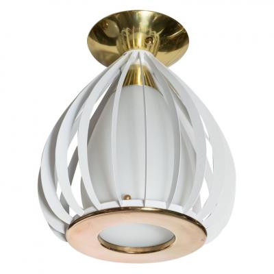 Mid Century Modern White Enamel Brass and Frosted Glass Lantern Chandelier