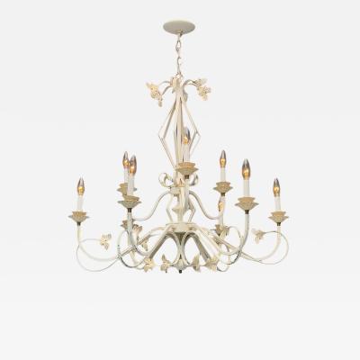 Mid Century Modern White Painted Iron Large Chandelier USA 1960s