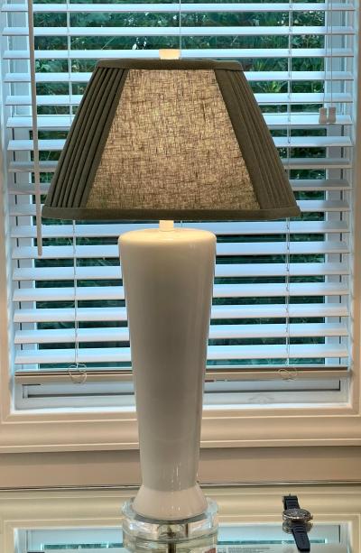 Mid Century Modern White Pottery Table Lamps W Custom Made Linen Shades a Pair