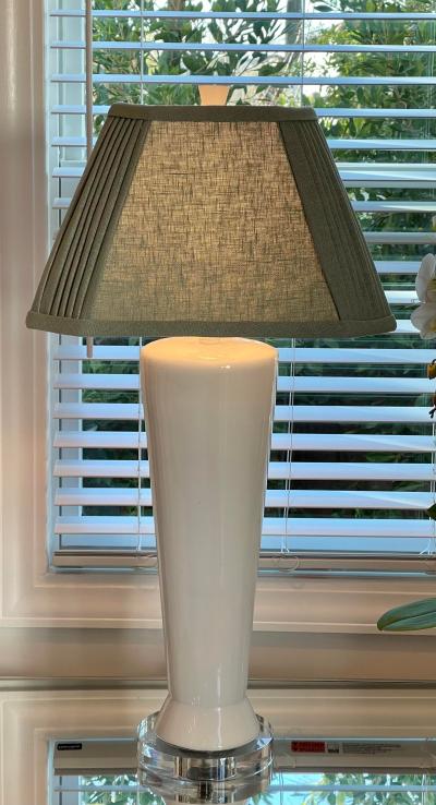 Mid Century Modern White Pottery Table Lamps W Custom Made Linen Shades a Pair