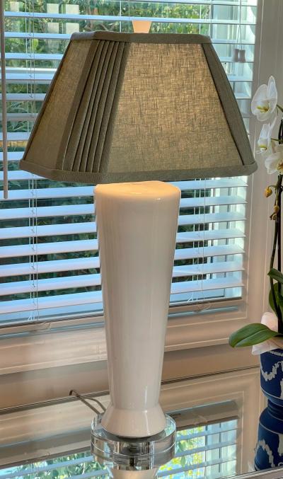 Mid Century Modern White Pottery Table Lamps W Custom Made Linen Shades a Pair