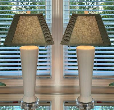 Mid Century Modern White Pottery Table Lamps W Custom Made Linen Shades a Pair