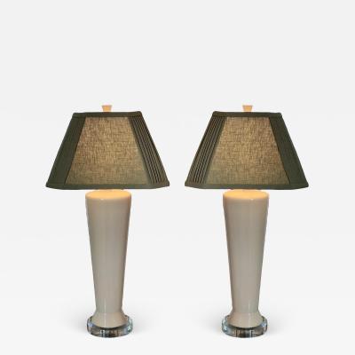 Mid Century Modern White Pottery Table Lamps W Custom Made Linen Shades a Pair