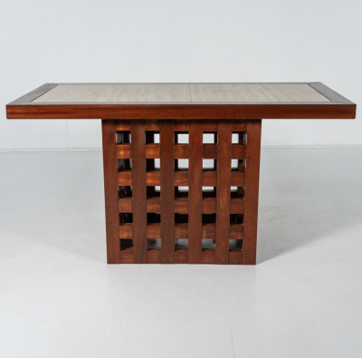 Mid Century Modern Wooden and Travertine Table Console Italy 1970s