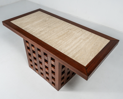 Mid Century Modern Wooden and Travertine Table Console Italy 1970s