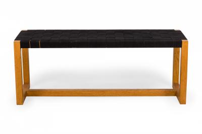 Mid Century Modern Woven Black Webbing and Bleached Walnut Rectangular Bench