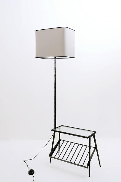 Mid Century Modern Wrought Iron Floor Lamp with Table Magazine Rack