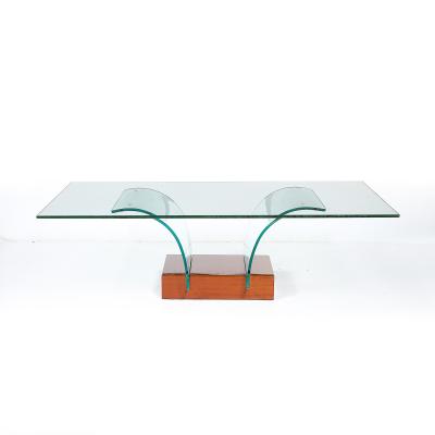 Mid Century Modernage Curved Glass Cocktail Table W Rectilinear Walnut Base