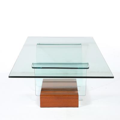 Mid Century Modernage Curved Glass Cocktail Table W Rectilinear Walnut Base