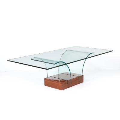 Mid Century Modernage Curved Glass Cocktail Table W Rectilinear Walnut Base