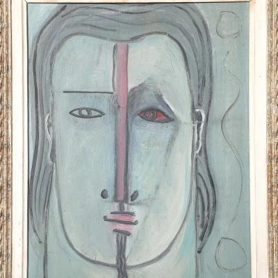 Mid Century Modernist Abstract Cubist Portrait in Oil on Canvas signed Augusti