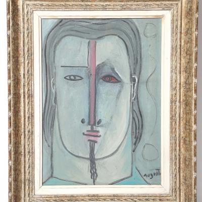 Mid Century Modernist Abstract Cubist Portrait in Oil on Canvas signed Augusti