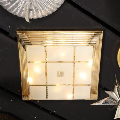 Mid Century Modernist Brass Frosted Glass Rod Square Flush Mount