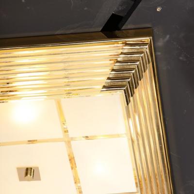 Mid Century Modernist Brass Frosted Glass Rod Square Flush Mount