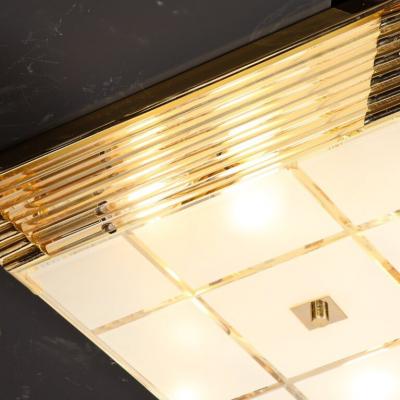 Mid Century Modernist Brass Frosted Glass Rod Square Flush Mount