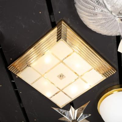 Mid Century Modernist Brass Frosted Glass Rod Square Flush Mount