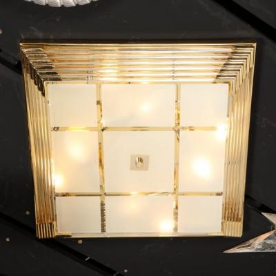 Mid Century Modernist Brass Frosted Glass Rod Square Flush Mount