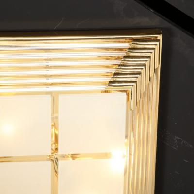 Mid Century Modernist Brass Frosted Glass Rod Square Flush Mount