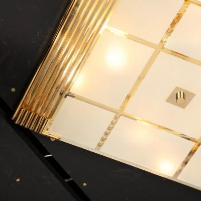 Mid Century Modernist Brass Frosted Glass Rod Square Flush Mount