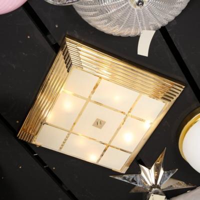 Mid Century Modernist Brass Frosted Glass Rod Square Flush Mount